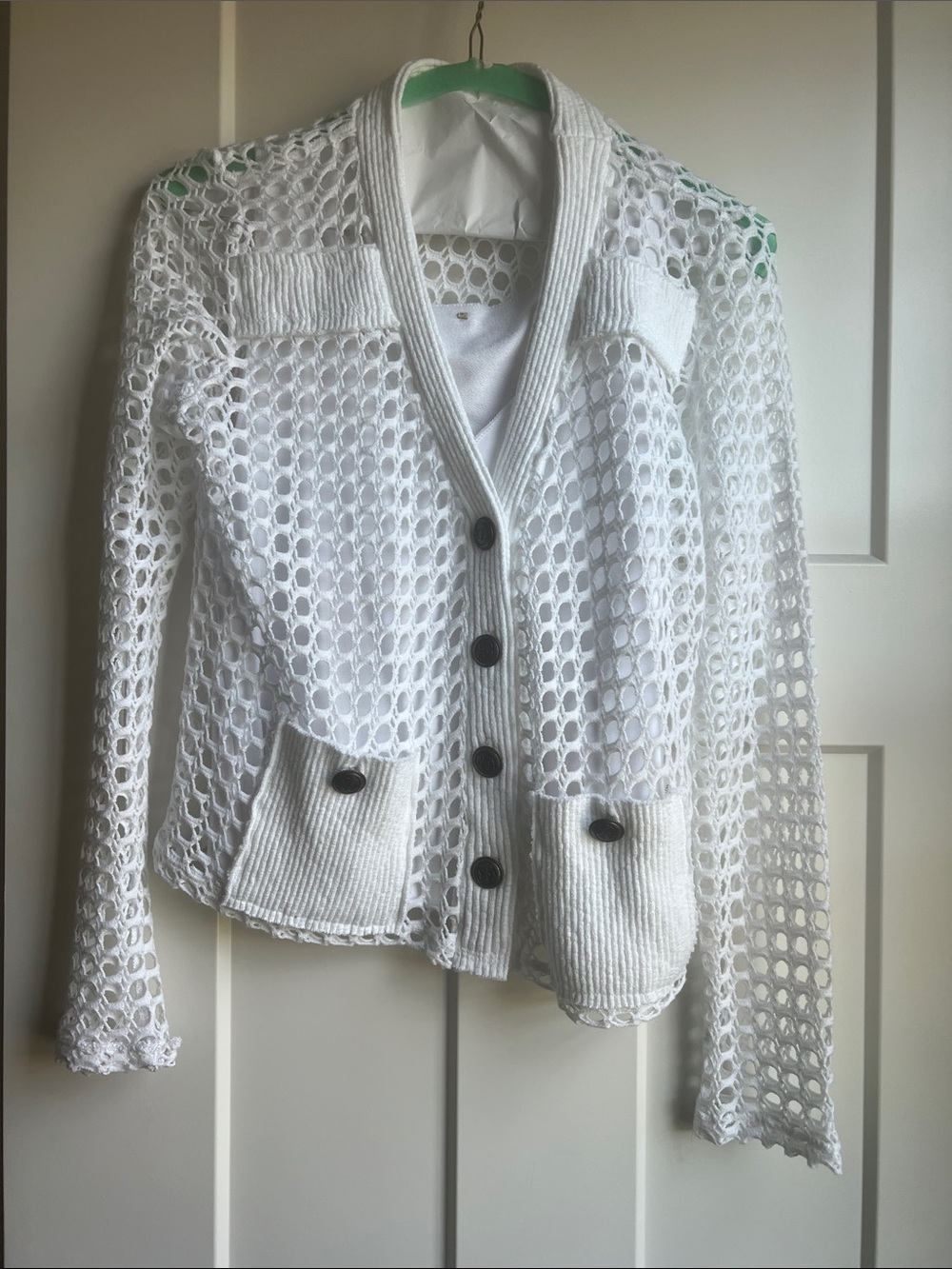 White Open-Weave Button Front Cardigan